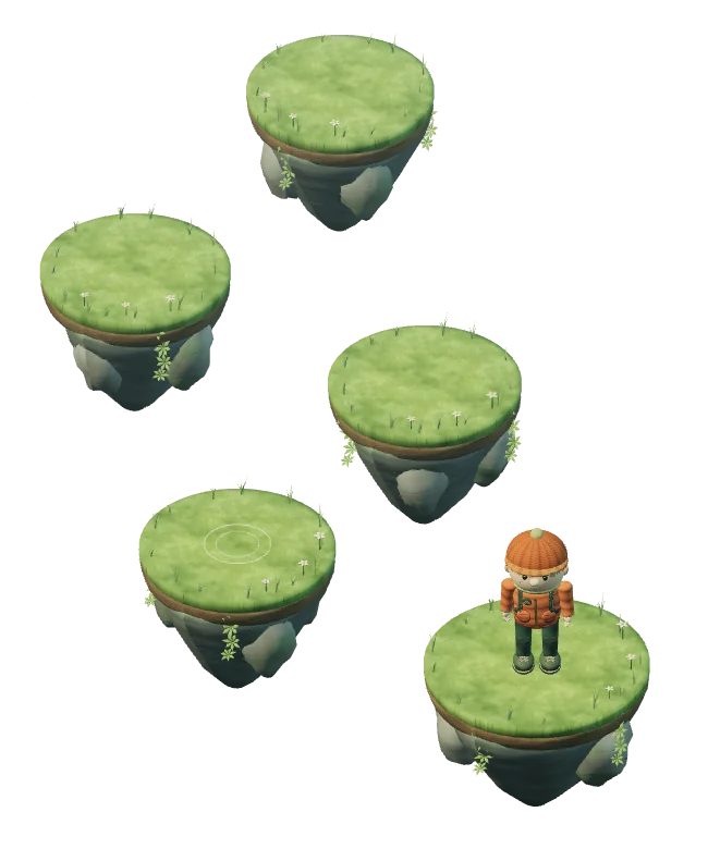 Explorador de gorro laranja sobre uma ilha flutuante, com um caminho de ilhas cobertas de grama à frente